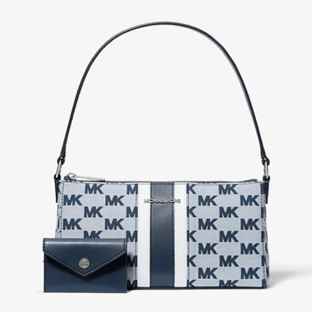 🆕 MICHAEL KORS Vincent Med Jacquard Bag W/Card Case Navy